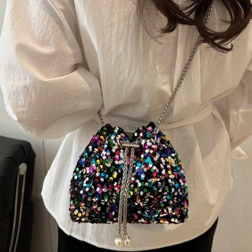 Sequin Drawstring Multicolor Bucket Bag With Chai… - image 5